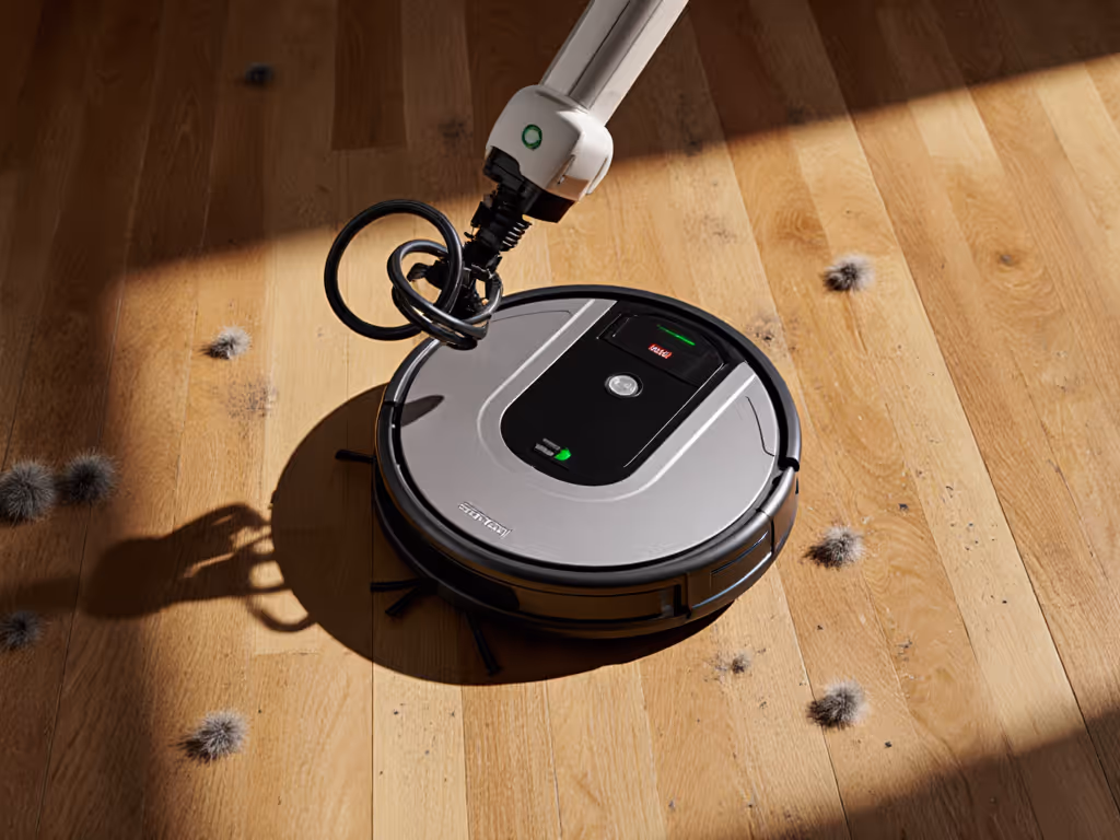 mechanical_arm_robot_vacuum_attempting_to_lift_a_charging_cable_on_hardwood_floor